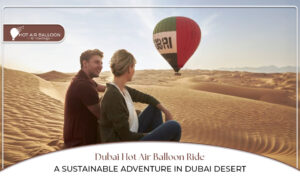 Dubai hot air balloon ride soaring above the Dubai desert during a stunning sunrise.