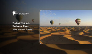 Dubai hot air balloon tour soaring above the Arabian Desert during a beautiful sunrise.