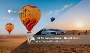 Hot air balloon rising over the Dubai desert with safari vehicles below.