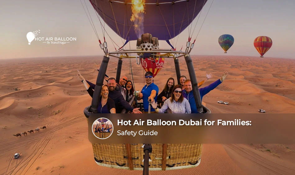Family enjoying a peaceful hot air balloon ride over the Dubai desert at sunrise.