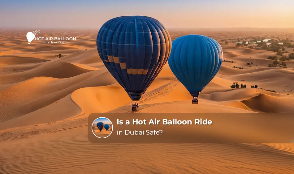 A hot air balloon floating over the Dubai desert with passengers enjoying the scenic flight.