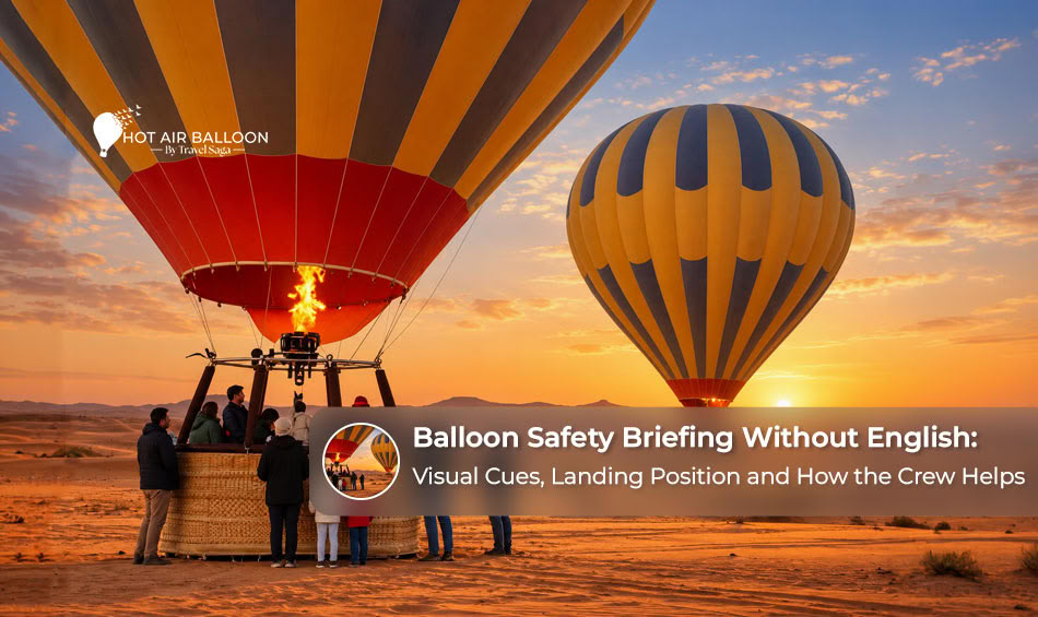 Dubai hot air balloon safety briefing using visual hand signals, landing position demonstrations and crew guidance for non-English-speaking passengers