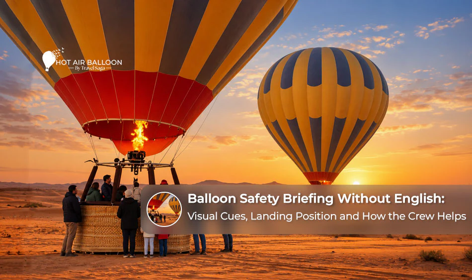 Dubai hot air balloon safety briefing using visual hand signals, landing position demonstrations and crew guidance for non-English-speaking passengers