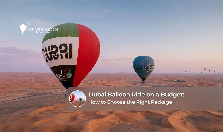 Tourists enjoying an affordable hot air balloon flight over the Dubai desert at sunrise.