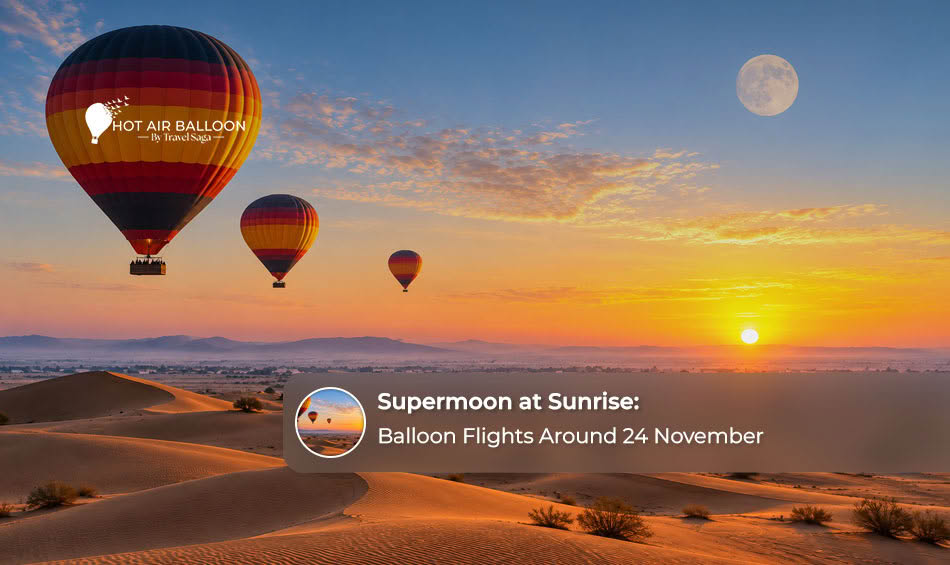Dubai hot air balloon at sunrise over the desert during the November 2026 supermoon period