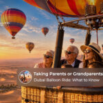 Family enjoying a peaceful hot air balloon ride over the Dubai desert with elderly parents.