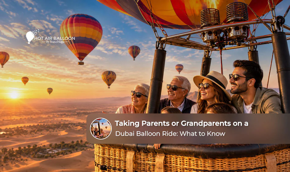Family enjoying a peaceful hot air balloon ride over the Dubai desert with elderly parents.
