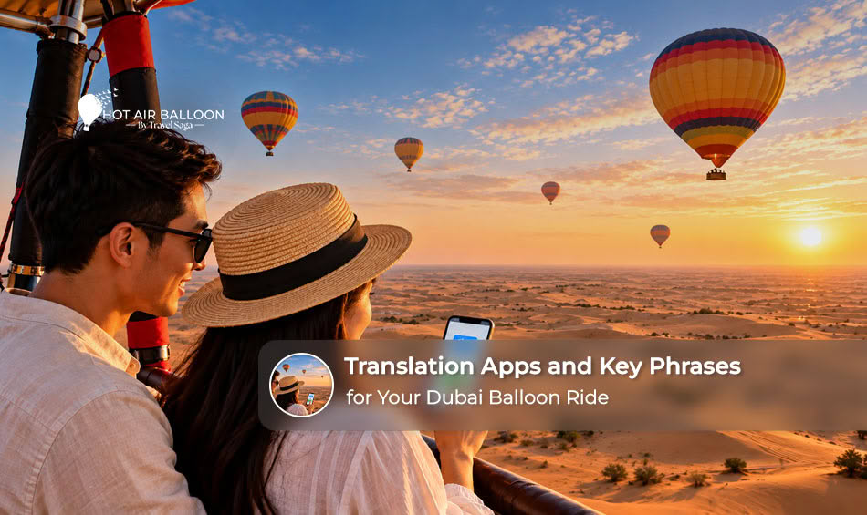Tourists using a translation app on a smartphone to communicate during a hot air balloon ride in Dubai.